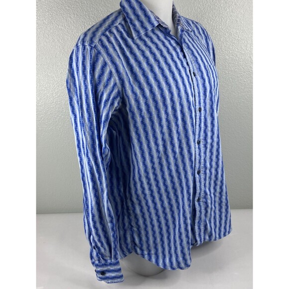 Bugatchi Uomo Men Large Button Front Shirt Blue Geometric Stripe Flip Cuff - Picture 3 of 9
